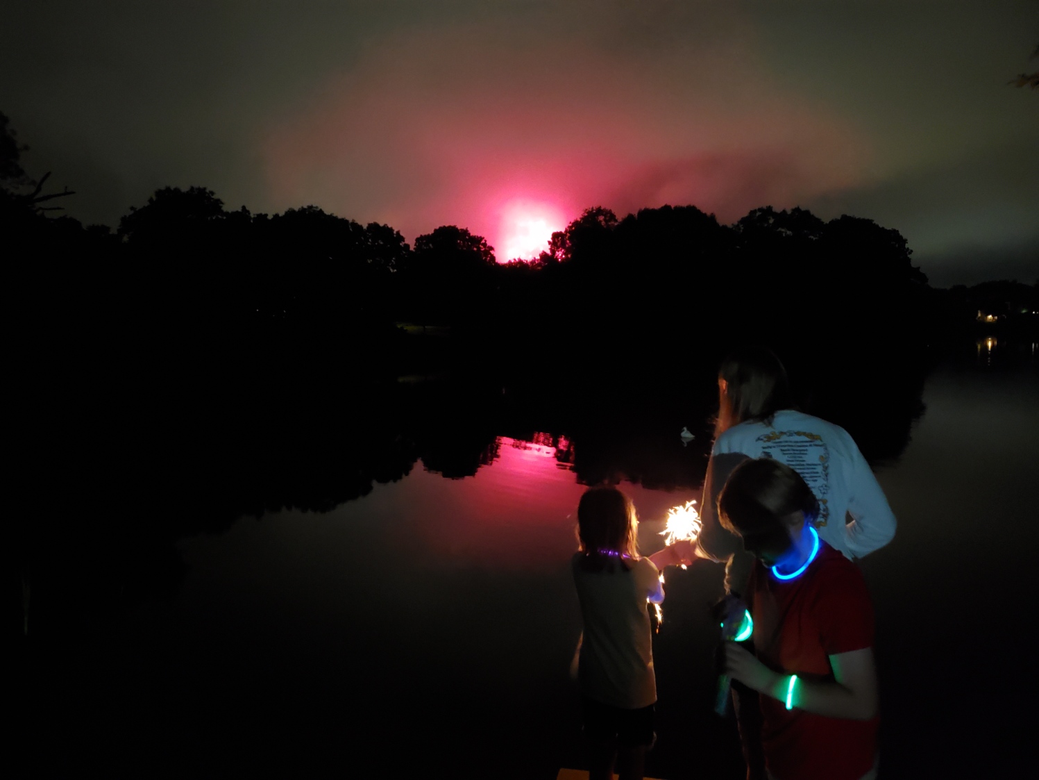 Firewors in the distance reflecting in the lake